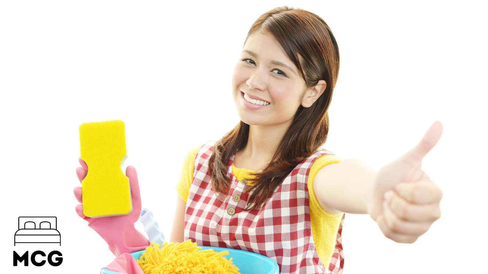 woman holding some cleaning materials